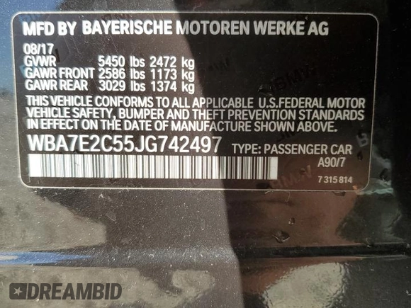 2018 BMW 7 Series 740i with VIN WBA7E2C55JG742497, listed as a Copart auction lot 82173994 with 52,354 mi miles and Salvage Title. Bid and sale history available at carsss.com. Image 15.