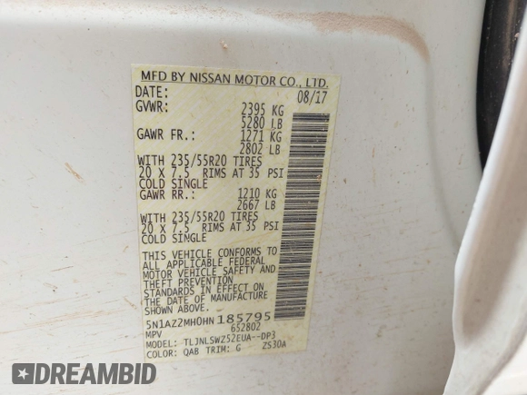 2017 Nissan Murano S with VIN 5N1AZ2MH0HN185795, listed as a IAAI auction lot 41557000 with 182,687 mi miles and . Bid and sale history available at DreamBid. Image 9.
