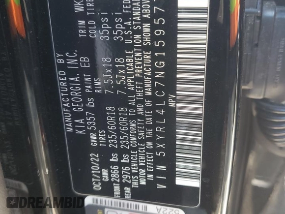 2022 Kia Sorento S with VIN 5XYRL4LC7NG159577, listed as a Copart auction lot 89084565 with 20,482 mi miles and Salvage Title. Bid and sale history available at carsss.com. Image 15.