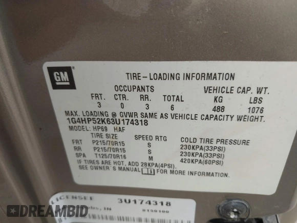2003 Buick LeSabre Custom with VIN 1G4HP52K63U174318, listed as a IAAI auction lot 41944041 with 236,535 mi miles and . Bid and sale history available at DreamBid. Image 9.