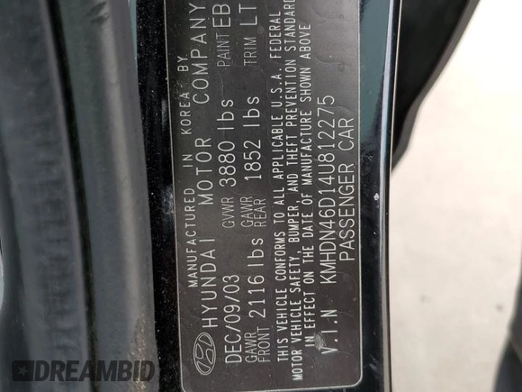 2004 Hyundai Elantra GLS z VIN KMHDN46D14U812275, wystawiony jako Copart lot #54163945 z przebiegiem 209 400 mil mil oraz Szkoda całkowita • Salvage title. Historia ofert i sprzedaży dostępna na DreamBid. Obrazek 12.