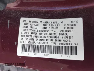2014 Honda Accord LX with VIN 1HGCR2F31EA053633, listed as a IAAI auction lot 42056856 with Not Provided miles and . Bid and sale history available at carsss.com. Image 9.