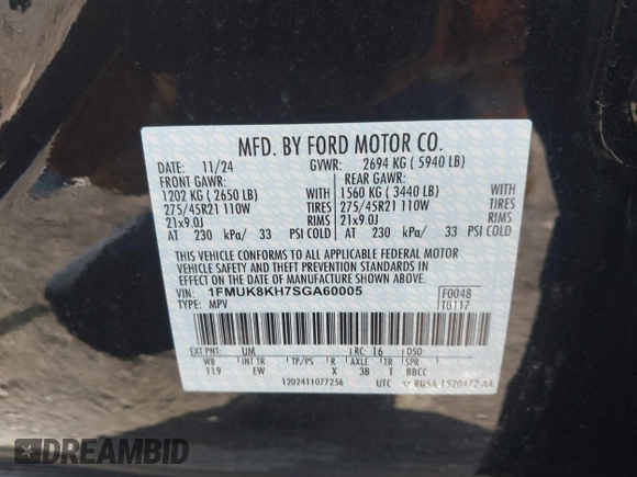 2025 Ford Explorer ST-Line z VIN 1FMUK8KH7SGA60005, wystawiony jako IAAI lot #42098791 z przebiegiem 1 830 mil mil oraz . Historia ofert i sprzedaży dostępna na DreamBid. Obrazek 9.