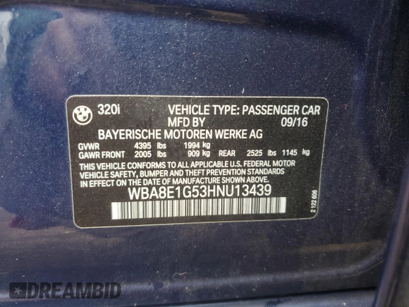 2017 BMW 3 Series 320i with VIN WBA8E1G53HNU13439, listed as a Copart auction lot 47745005 with 35,334 mi miles and Salvage Title. Bid and sale history available at carsss.com. Image 12.