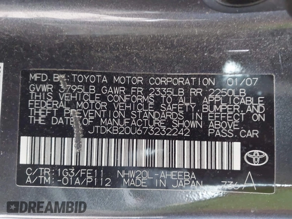 2007 Toyota Prius with VIN JTDKB20U673232242, listed as a IAAI auction lot 41708478 with 268,237 mi miles and . Bid and sale history available at DreamBid. Image 9.
