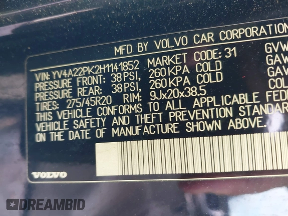 2017 Volvo XC90 Momentum with VIN YV4A22PK2H1141852, listed as a IAAI auction lot 41534159 with 118,473 mi miles. Bid and sale history available at carsss.com. Image 9.