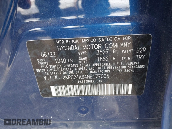 2022 Hyundai Accent SE with VIN 3KPC24A64NE177005, listed as a IAAI auction lot 41646385 with Not Provided miles and . Bid and sale history available at carsss.com. Image 9.