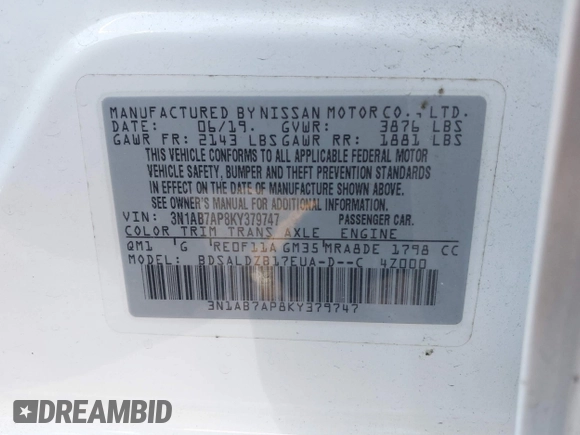 2019 Nissan Sentra S z VIN 3N1AB7AP8KY379747, wystawiony jako IAAI lot #41376492 z przebiegiem 92 328 mil mil oraz . Historia ofert i sprzedaży dostępna na DreamBid. Obrazek 9.