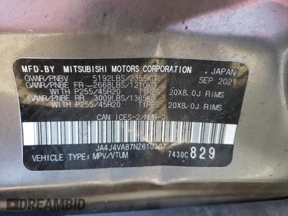 2022 Mitsubishi Outlander SEL z VIN JA4J4VA87NZ610307, wystawiony jako Copart lot #53475255 z przebiegiem 85 697 mil mil oraz Nie do naprawy • Non repairable. Historia ofert i sprzedaży dostępna na DreamBid. Obrazek 12.