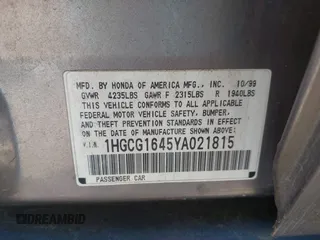2000 Honda Accord LX z VIN 1HGCG1645YA021815, wystawiony jako IAAI lot #42438876 z przebiegiem 219 687 mil mil oraz . Historia ofert i sprzedaży dostępna na DreamBid. Obrazek 9.