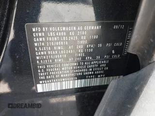 2013 Volkswagen Tiguan SE with VIN WVGAV7AXXDW542019, listed as a IAAI auction lot 42482696 with 193,383 mi miles and . Bid and sale history available at DreamBid. Image 9.