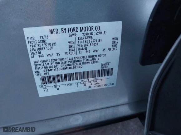 2019 Ford Edge SEL with VIN 2FMPK3J95KBB52960, listed as a IAAI auction lot 41828256 with 35,041 mi miles. Bid and sale history available at carsss.com. Image 9.