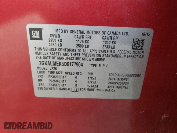 2013 GMC Terrain SLE z VIN 2GKALMEK3D6177964, wystawiony jako Copart lot #85263744 z przebiegiem 154 345 mil mil oraz Szkoda całkowita • Salvage title. Historia ofert i sprzedaży dostępna na DreamBid. Obrazek 13.