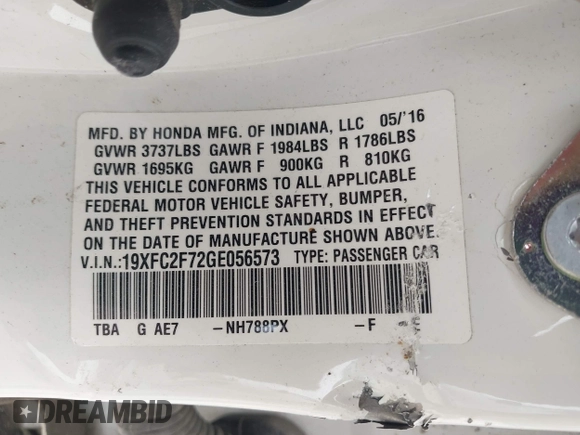 2016 Honda Civic EX with VIN 19XFC2F72GE056573, listed as a IAAI auction lot 42028397 with Not Provided miles and . Bid and sale history available at DreamBid. Image 9.