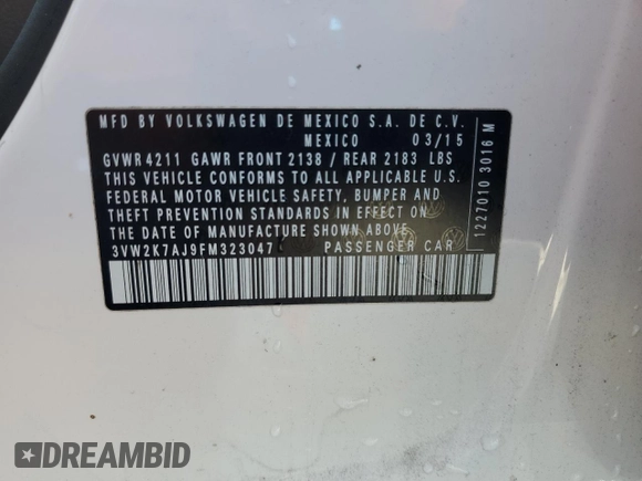 2015 Volkswagen Jetta S with VIN 3VW2K7AJ9FM323047, listed as a Copart auction lot 59098565 with 169,648 mi miles and Salvage title. Bid and sale history available at DreamBid. Image 12.