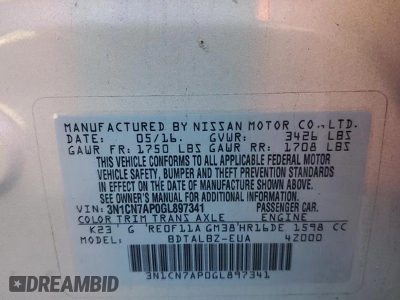 2016 Nissan Versa S with VIN 3N1CN7AP0GL897341, listed as a Copart auction lot 82575384 with 75,079 mi miles and Salvage Title. Bid and sale history available at carsss.com. Image 12.