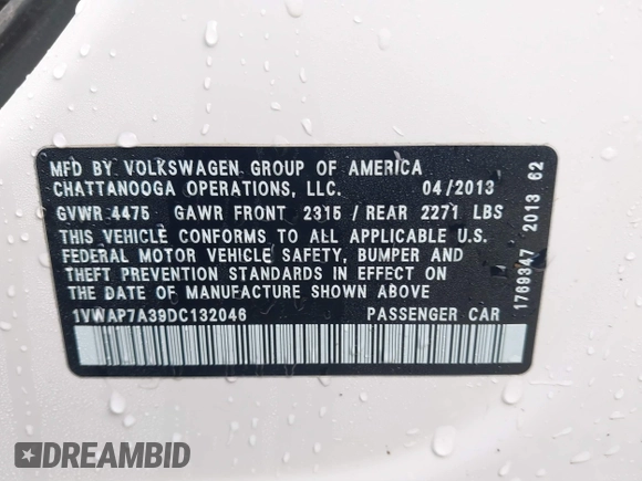 2013 Volkswagen Passat Wolfsburg Edition with VIN 1VWAP7A39DC132046, listed as a IAAI auction lot 41829115 with 122,660 mi miles. Bid and sale history available at carsss.com. Image 9.