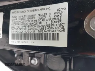 2020 Honda Accord Sport with VIN 1HGCV2F38LA012425, listed as a IAAI auction lot 42184562 with 60,863 mi miles and . Bid and sale history available at DreamBid. Image 9.