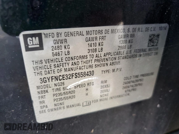 2015 Cadillac SRX Performance Collection with VIN 3GYFNCE32FS558430, listed as a Copart auction lot 63633865 with 153,729 mi miles and Salvage title. Bid and sale history available at DreamBid. Image 14.