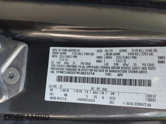 2019 Ford Escape SE z VIN 1FMCU9GD7KUB23316, wystawiony jako IAAI lot #42138654 z przebiegiem 145 857 mil mil oraz . Historia ofert i sprzedaży dostępna na DreamBid. Obrazek 9.
