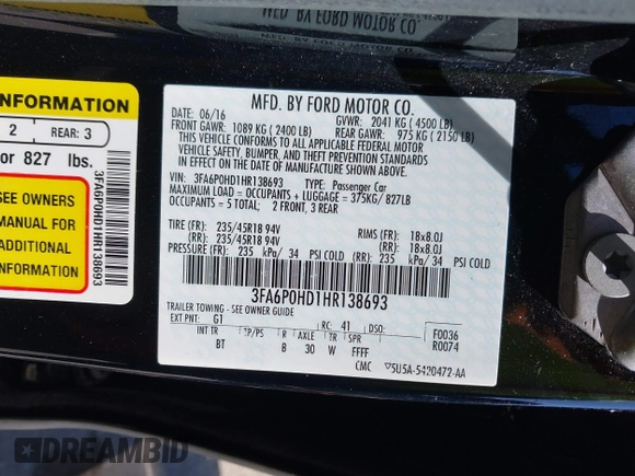 2017 Ford Fusion SE z VIN 3FA6P0HD1HR138693, wystawiony jako IAAI lot #41837634 z przebiegiem 117 638 mil mil oraz . Historia ofert i sprzedaży dostępna na DreamBid. Obrazek 9.