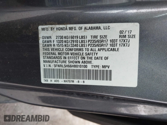 2017 Honda Odyssey EX-L with VIN 5FNRL5H66HB010100, listed as a IAAI auction lot 42088394 with Not Provided miles and . Bid and sale history available at DreamBid. Image 9.