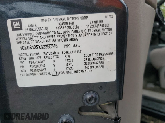 2003 GMC Envoy SLT with VIN 1GKDS13SX32255346, listed as a Copart auction lot 70420894 with 172,721 mi miles and Salvage Title. Bid and sale history available at carsss.com. Image 13.