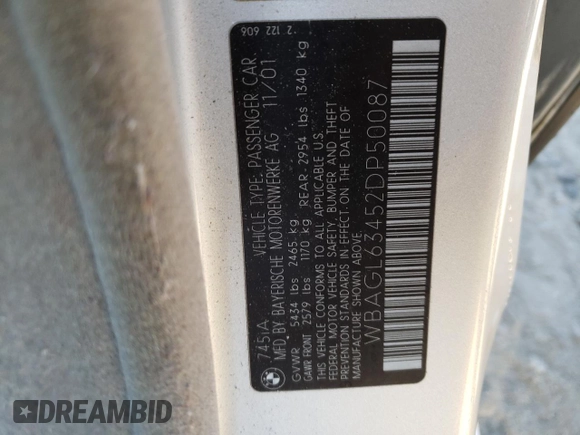 2002 BMW 7 Series 745i with VIN WBAGL63452DP50087, listed as a Copart auction lot 81040704 with Not Provided miles and Clean Title. Bid and sale history available at DreamBid. Image 12.