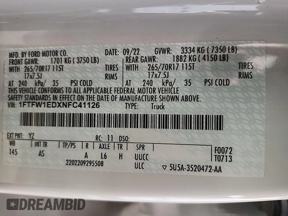 2022 Ford F-150 XL with VIN 1FTFW1EDXNFC41126, listed as a IAAI auction lot 42741144 with 53,539 mi miles and . Bid and sale history available at DreamBid. Image 13.