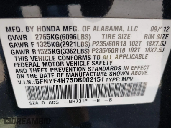2013 Honda Pilot EX-L with VIN 5FNYF4H75DB002151, listed as a IAAI auction lot 42141451 with 223,651 mi miles and . Bid and sale history available at DreamBid. Image 9.