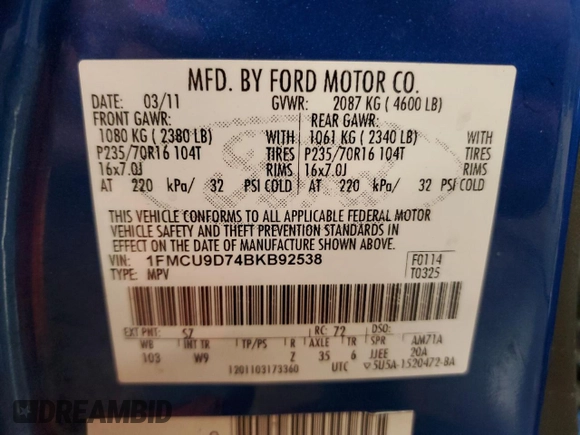 2011 Ford Escape XLT с VIN 1FMCU9D74BKB92538, выставлен на аукционе Copart как лот 54223265 с пробегом 167 277 миль миль и Чистый • Clean title. История ставок и продаж доступна на DreamBid. Изображение 12.