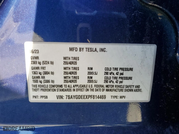 2023 Tesla Model Y Long Range with VIN 7SAYGDEEXPF814469, listed as a Copart auction lot 45982675 with 52,053 mi miles and Salvage Title. Bid and sale history available at carsss.com. Image 14.