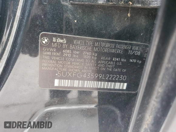 2009 BMW X6 z VIN 5UXFG43599L222230, wystawiony jako Copart lot #42610035 z przebiegiem 186 784 mil mil oraz Szkoda całkowita • Salvage title. Historia ofert i sprzedaży dostępna na DreamBid. Obrazek 13.