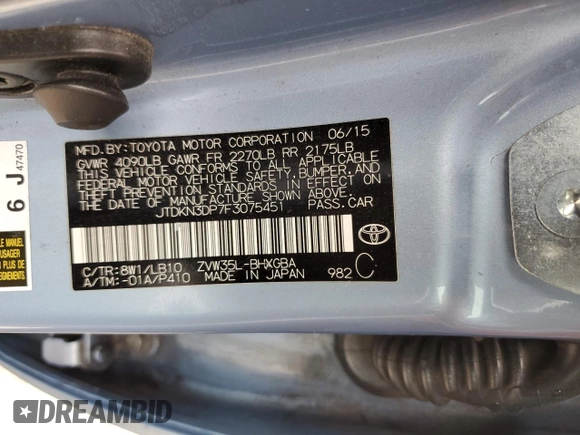 2015 Toyota Prius Advanced with VIN JTDKN3DP7F3075451, listed as a Copart auction lot 65999355 with 199,369 mi miles and Salvage title. Bid and sale history available at DreamBid. Image 13.