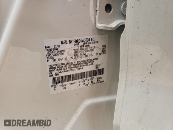2012 Lincoln MKX with VIN 2LMDJ8JKXCBL19695, listed as a Copart auction lot 43960855 with 94,151 mi miles and Salvage Title. Bid and sale history available at DreamBid. Image 14.