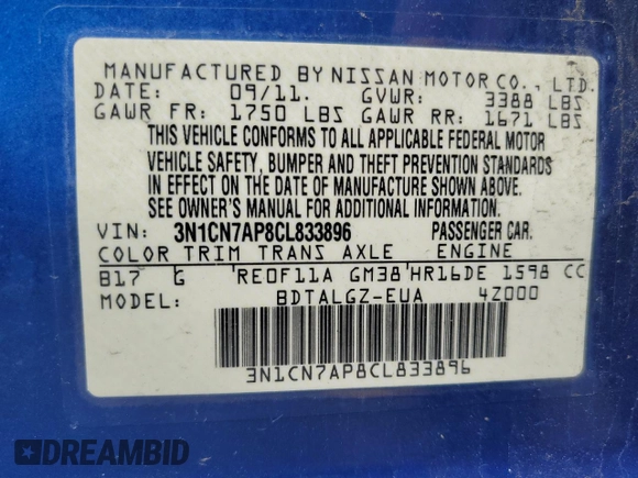 2012 Nissan Versa SL with VIN 3N1CN7AP8CL833896, listed as a Copart auction lot 51258795 with 125,439 mi miles and Clean Title. Bid and sale history available at carsss.com. Image 12.