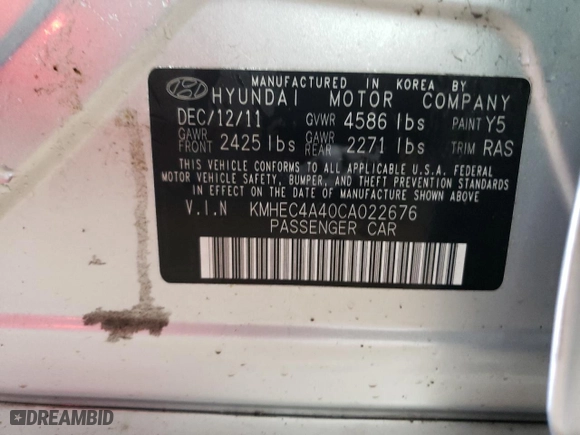 2012 Hyundai Sonata Hybrid with VIN KMHEC4A40CA022676, listed as a Copart auction lot 51004095 with 154,146 mi miles and Salvage Title. Bid and sale history available at carsss.com. Image 12.