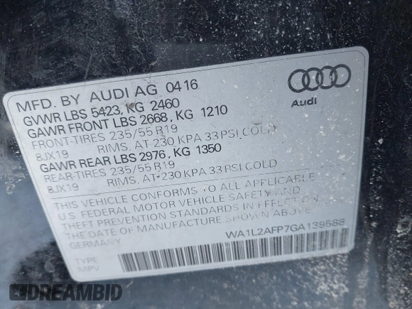2016 Audi Q5 Premium Plus with VIN WA1L2AFP7GA139588, listed as a IAAI auction lot 41340630 with 115,655 mi miles. Bid and sale history available at carsss.com. Image 9.