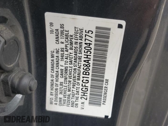 2010 Honda Civic Cpe LX with VIN 2HGFG1B68AH504775, listed as a Copart auction lot 53284265 with 216,785 mi miles and Salvage Title. Bid and sale history available at carsss.com. Image 12.