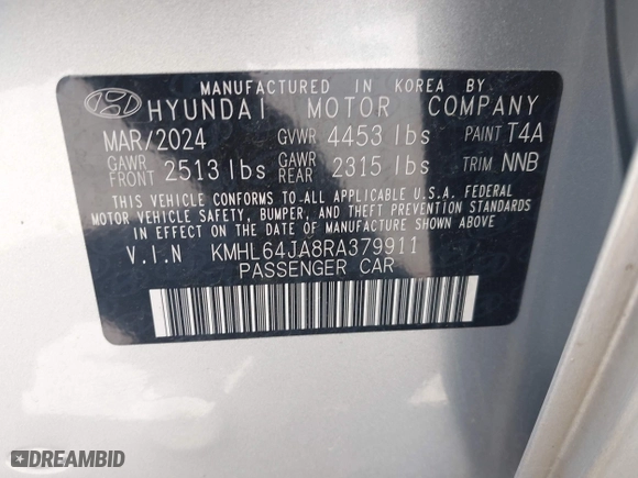 2024 Hyundai Sonata SEL with VIN KMHL64JA8RA379911, listed as a IAAI auction lot 42003745 with 23,011 mi miles. Bid and sale history available at carsss.com. Image 9.