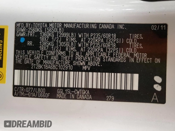2011 Lexus RX 350 with VIN 2T2BK1BA6BC102910, listed as a Copart auction lot 60153935 with 132,626 mi miles and Salvage title. Bid and sale history available at DreamBid. Image 14.