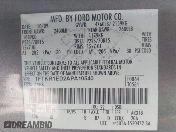 2010 Ford Ranger XL with VIN 1FTKR1ED2APA10540, listed as a IAAI auction lot 42308465 with 215,899 mi miles and . Bid and sale history available at DreamBid. Image 9.