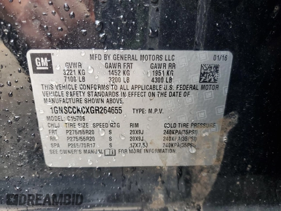 2016 Chevrolet Tahoe LTZ with VIN 1GNSCCKCXGR264655, listed as a Copart auction lot 57456625 with 237,621 mi miles and Salvage title. Bid and sale history available at DreamBid. Image 13.