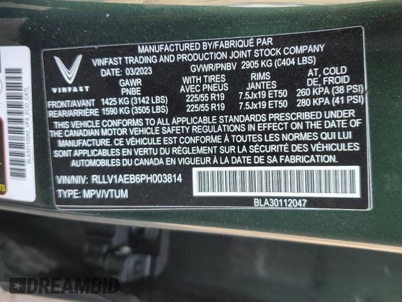2023 VinFast VF 8 Eco z VIN RLLV1AEB6PH003814, wystawiony jako Copart lot #75715194 z przebiegiem 15 925 mil mil oraz Szkody całkowita. Historia ofert i sprzedaży dostępna na DreamBid. Obrazek 13.
