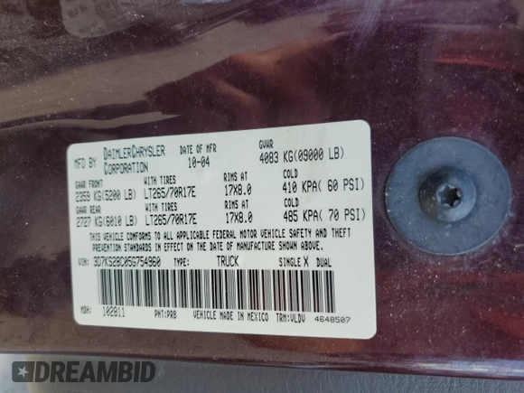 2005 Dodge Ram 2500 SLT with VIN 3D7KS28C05G754960, listed as a Copart auction lot 62032074 with 207,751 mi miles and Clean Title. Bid and sale history available at carsss.com. Image 12.