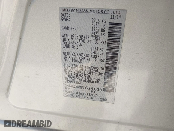 2015 Nissan Pathfinder S with VIN 5N1AR2MNXFC624659, listed as a IAAI auction lot 42033206 with 170,773 mi miles and . Bid and sale history available at DreamBid. Image 9.