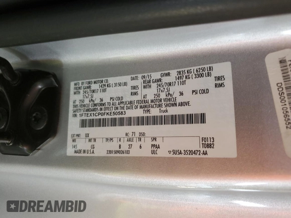 2015 Ford F-150 XL with VIN 1FTEX1CP0FKE50583, listed as a Copart auction lot 52542995 with 51,656 mi miles and Salvage Title. Bid and sale history available at carsss.com. Image 12.