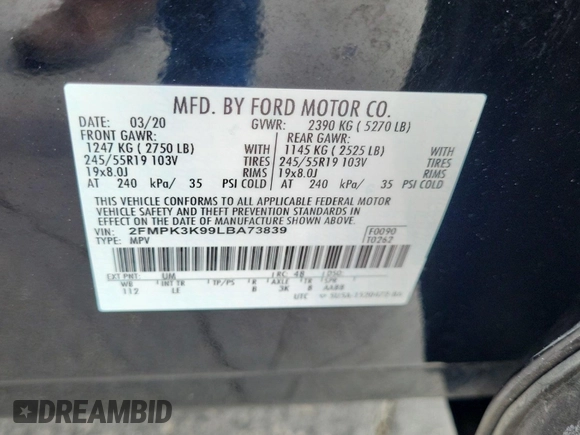 2020 Ford Edge Titanium with VIN 2FMPK3K99LBA73839, listed as a IAAI auction lot 42843885 with 92,381 mi miles and . Bid and sale history available at DreamBid. Image 31.