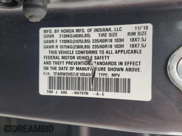 2018 Honda CR-V EX with VIN 7FARW2H57JE105434, listed as a Copart auction lot 52340845 with Not Provided miles and Salvage Title. Bid and sale history available at DreamBid. Image 13.