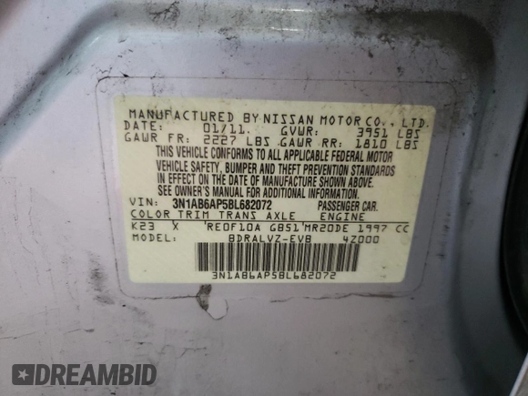 2011 Nissan Sentra 2.0 with VIN 3N1AB6AP5BL682072, listed as a Copart auction lot 65832474 with Not Provided miles and Salvage Title. Bid and sale history available at DreamBid. Image 12.